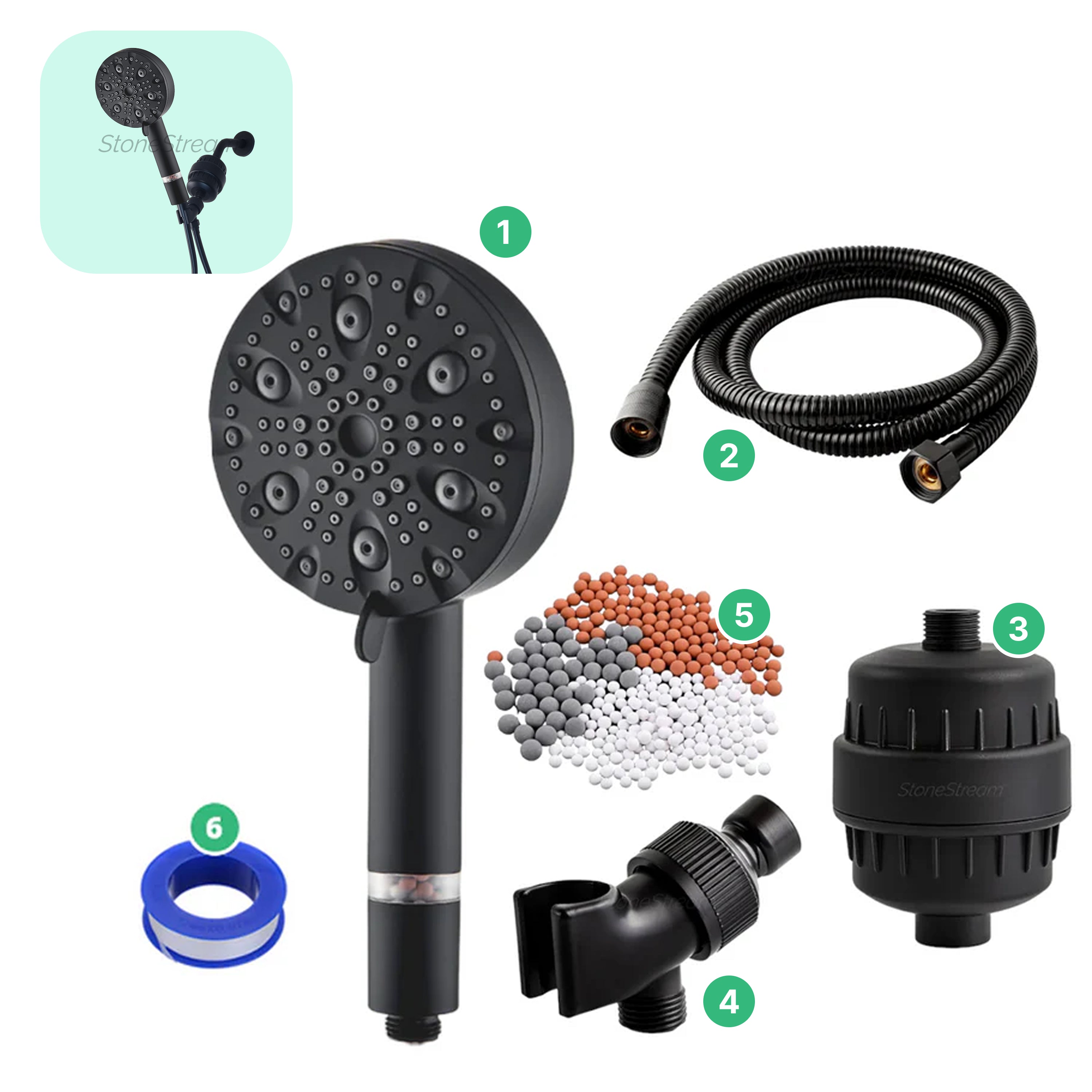 Cabeza de ducha negra de lujo de 9 modos con kit de filtración de agua dura