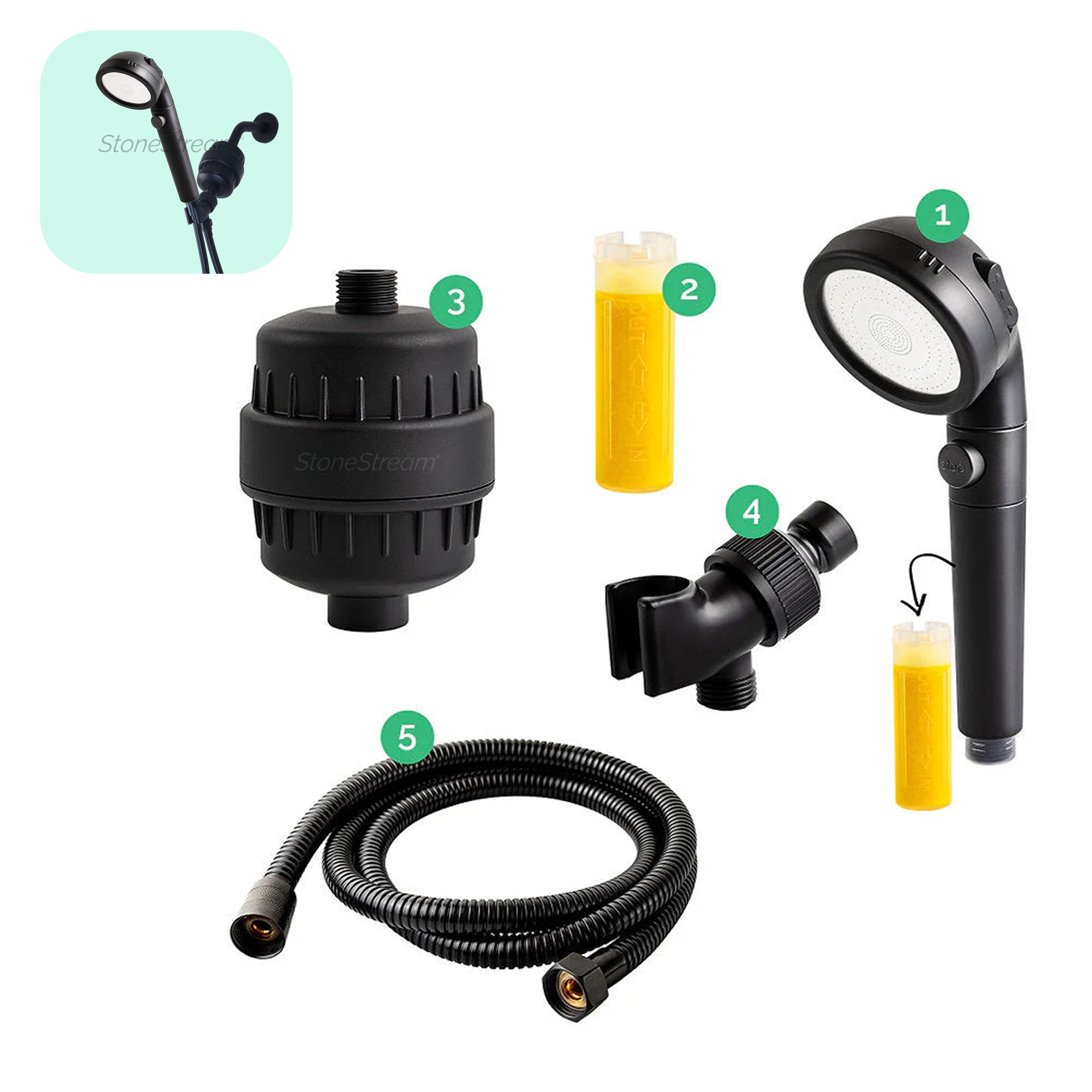 Cabezal de ducha de ecopower negro con kit de filtración de agua dura
