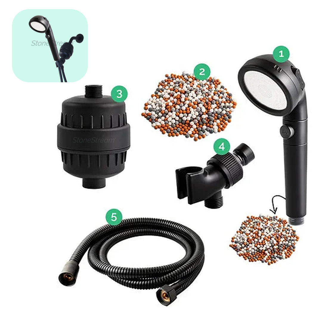 Cabezal de ducha Ecopower negro con kit de filtración de agua dura