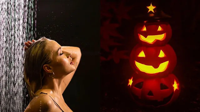 Halloween-themed shower ideas with spooky bathroom accessories and decor