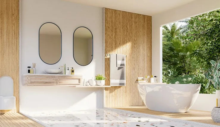 Outdoor bathroom setup with rainfall shower head and natural surroundings