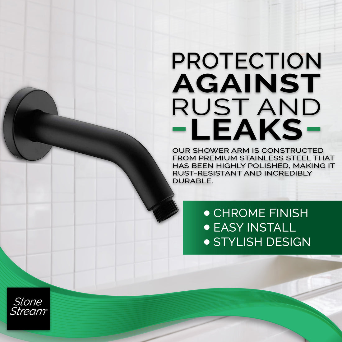Brazo para Ducha de Pared - Negro Mate - Rosca de 1/2 pulgada