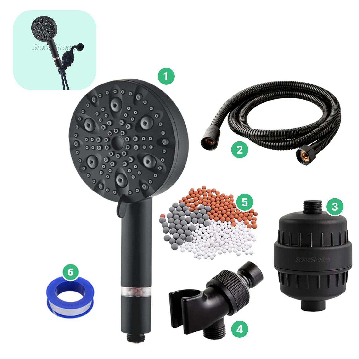 Cabeza de ducha negra de lujo de 9 modos con kit de filtración de agua dura