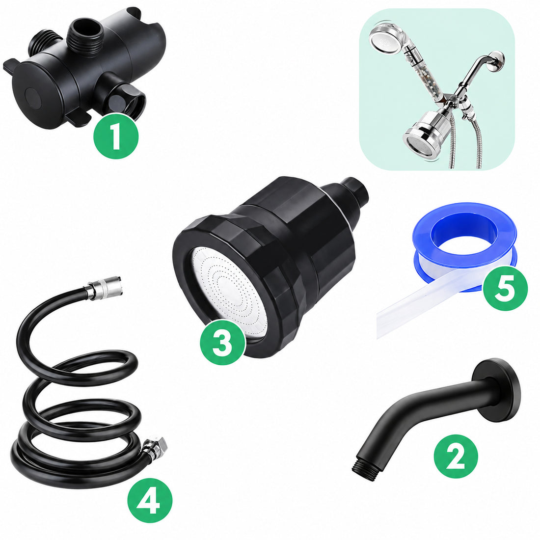 Kit de instalación de ducha con filtro de agua dura - Negro
