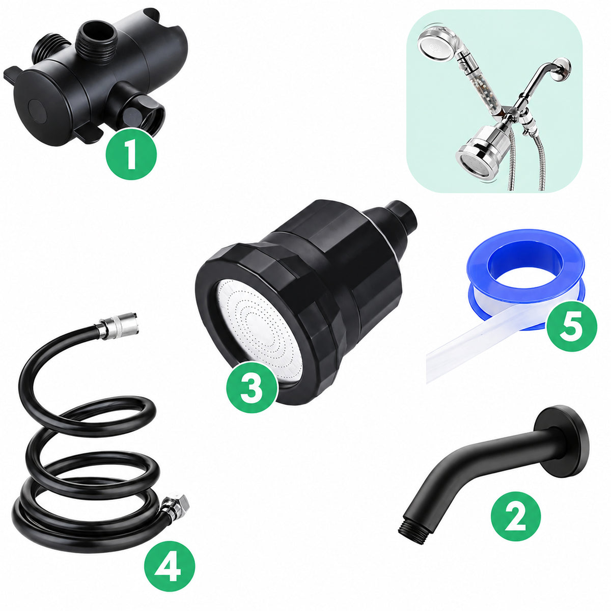 Kit de instalación de ducha con filtro de agua dura - Negro