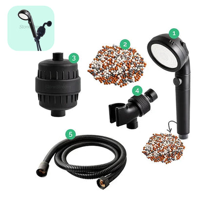 Cabezal de ducha Ecopower negro con kit de filtración de agua dura